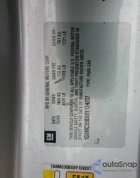 2008 Saturn Sky from USA, damaged, VIN 1G8MC35BX8Y124207